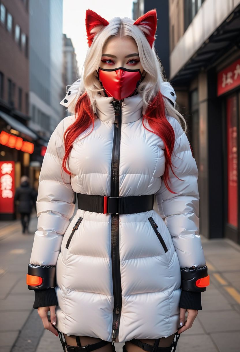 ((((padded down coat)))), ((((padded puffer coat)))), ((((padded winter clothes)))), ((((very cold)))), ((((puffer hood up)))), ((((full body)))), beautiful, masterpiece, 1girl, mature female, (((white long hair))), (((red eyes))), cat ears, large breasts, gloves, chest harness, (((half face mask))), army, Red digital camouflage, steam, cyberpunk, city, neon lights, pressure squeezing cuffs, pressure squeezing collar, (Thick padded cuffs:1.4), (Thick padded collar:1.4), <lora:Collar-SDXL:0.75>, <lora:Cuffs-SDXL:0.75>, <lora:fashion_lora:0.6>