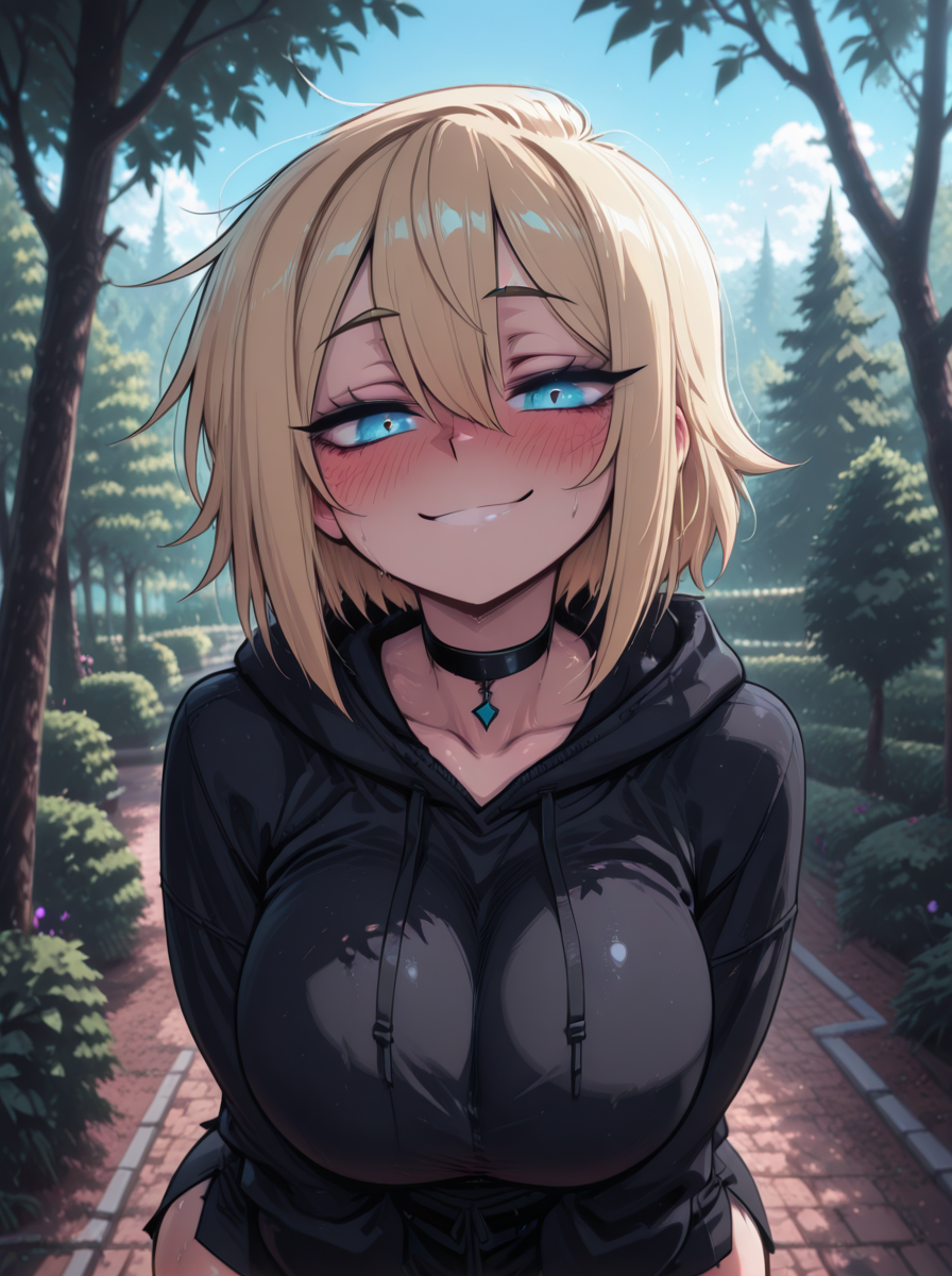 masterpiece, best quality, newest, amazing quality, very aesthetic, absurdres, anime girl, 1girl, solo, kris, half body, huge breasts, big ass, black choker, black dress, black hoodie, standing, Portrait of a young woman, blue eyes, blonde hair, short hair, seductive smile, fair skin, looking at viewer, goth, emo, tomboy, blush, Detailed iris, big eyes, messy hair, detailed face, soft lighting. natural beauty, detailed features, shallow depth of field. young woman, smiling expression, soft lighting, detailed, serene expression, detailed face, natural lighting, intense gaze, outdoors, <lora:KrisNoobAIApexAi:1>