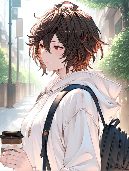 masterpiece, best quality, absurdres, amazing quality <lora:cfg_scale_boost:0.3> <lora:StS-Illustrious-Detail-Slider-v1.0:3> <lora:StS_Age_Slider_Illustrious_v1:3>,detailed_background,outdoors,red eyes,short hair,hair between eyes,smile,contemporary,backpack,1boy,cup,preline,brown hair,sandalphon \(granblue fantasy\),upper body,disposable cup,disposable coffee cup,sketch,bag,hood down,messy hair,looking at another,solo,hood,ahoge,white hood,male focus,granblue fantasy