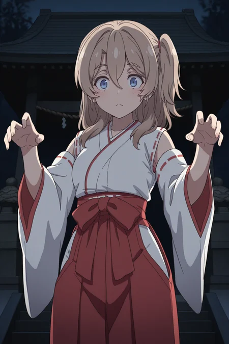 masterpiece, best quality, amazing quality, 1girl, s41t0um1n0, brown hair, long hair, blue eyes, one side up, hair between eyes, thick eyebrows, shrine Maiden, detached_sleeves, red skirt hakama, hip vent, outdoors, partially illuminated, dark, aesthetic, zombie pose, solo, looking_at_viewer