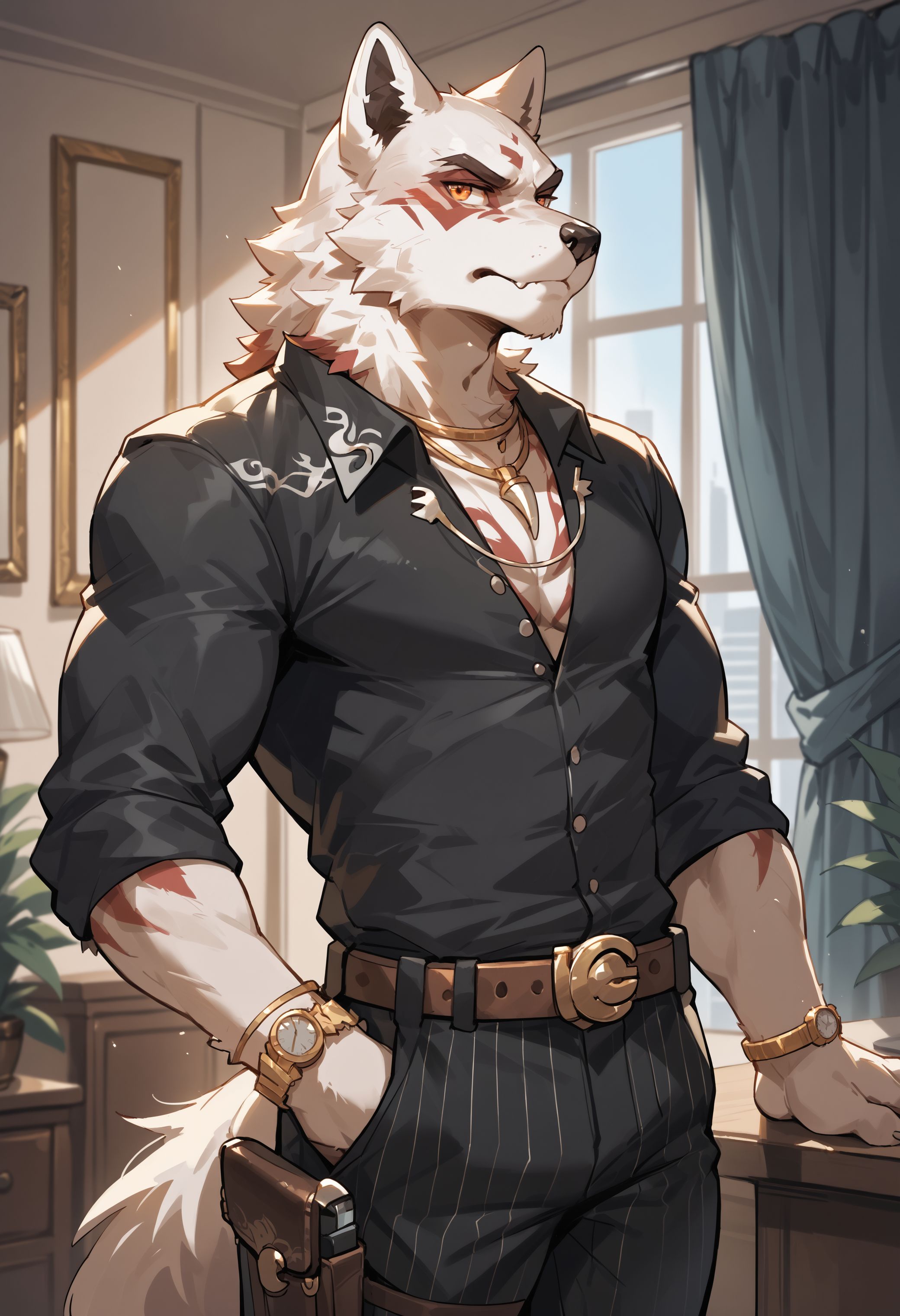 score_9, score_8_up, score_7_up, score_6_up, high res, best quality, f1etcher_k4ne, 1boy, male focus, solo, furry, furry male, orange eyes, jewelry, pectorals, wristwatch, brown belt, standing, curtains, holster, furry male, tail, pinstripe pattern, necklace, building, belt, white fur, <lora:Fletcher_Kane_Fortnite:0.9>