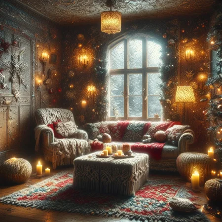 hyper detailed, cozy room, walls ChristmasSweater, midjourneyv6.1
