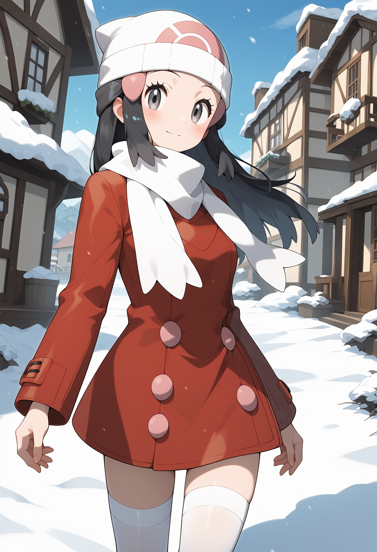 score_9, score_8_up, score_7_up, score_6_up, score_5_up, score_4_up, source_anime, aadawn, long hair, black hair, beanie, white headwear, hair ornament, grey eyes, breasts, white scarf, red coat, long sleeves, white thighhighs, <lora:dawn_(pokemon)_ponyxl_v1:0.9>, standing, cowboy shot, outdoors, town, snow,