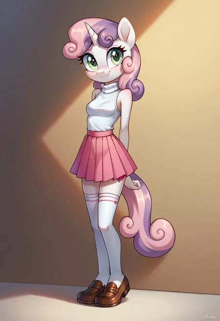 score_9, score_8_up, score_7_up, score_6_up, score_5_up, score_4_up, j3n, 1girl, solo, Full body, female, petite, furry, Sweetie Belle_(mlp), Pale light grayish harlequin eyes, unicorn, Grayish mulberry hair with pale light grayish rose streaks, Light gray Skin, small breasts, pleated skirt, white shirt, pink skirt, white thighhighs, sleeveless, turtleneck, loafers, smile, standing, legs together, arms at sides