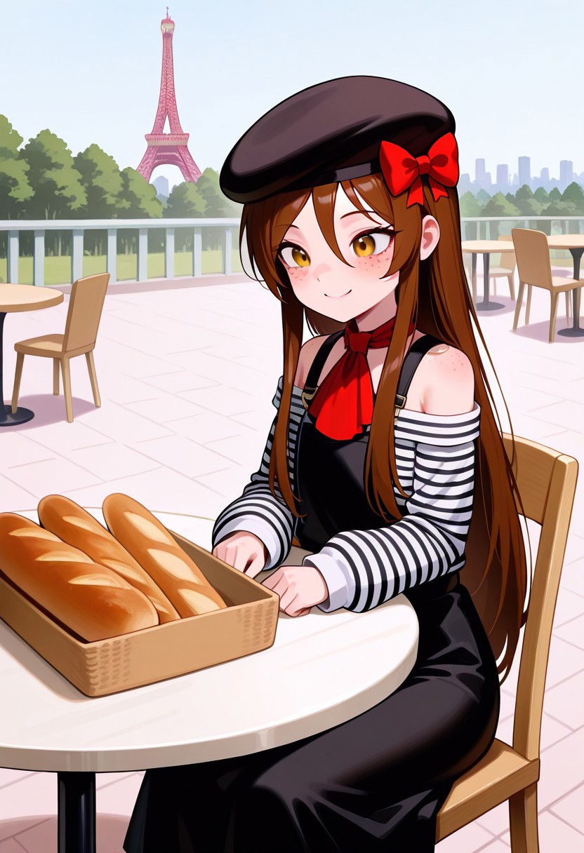 masterpiece, best quality, absurdres, anime screenshot, 1girl, solo, female focus, Carol_CTO, freckles, brown hair, asymmetrical bangs, long bangs, bangs between eyes, sidelocks, very long hair, hair down, CTO_Fr, beret, black headwear, hat bow, red hat bow, ascot, red ascot, striped shirt, long sleeves, off-shoulder shirt, overall skirt, black skirt, sitting, outdoors, cafe, baguette, chair, table, eiffel tower, happy, smile, (from above:0.25)