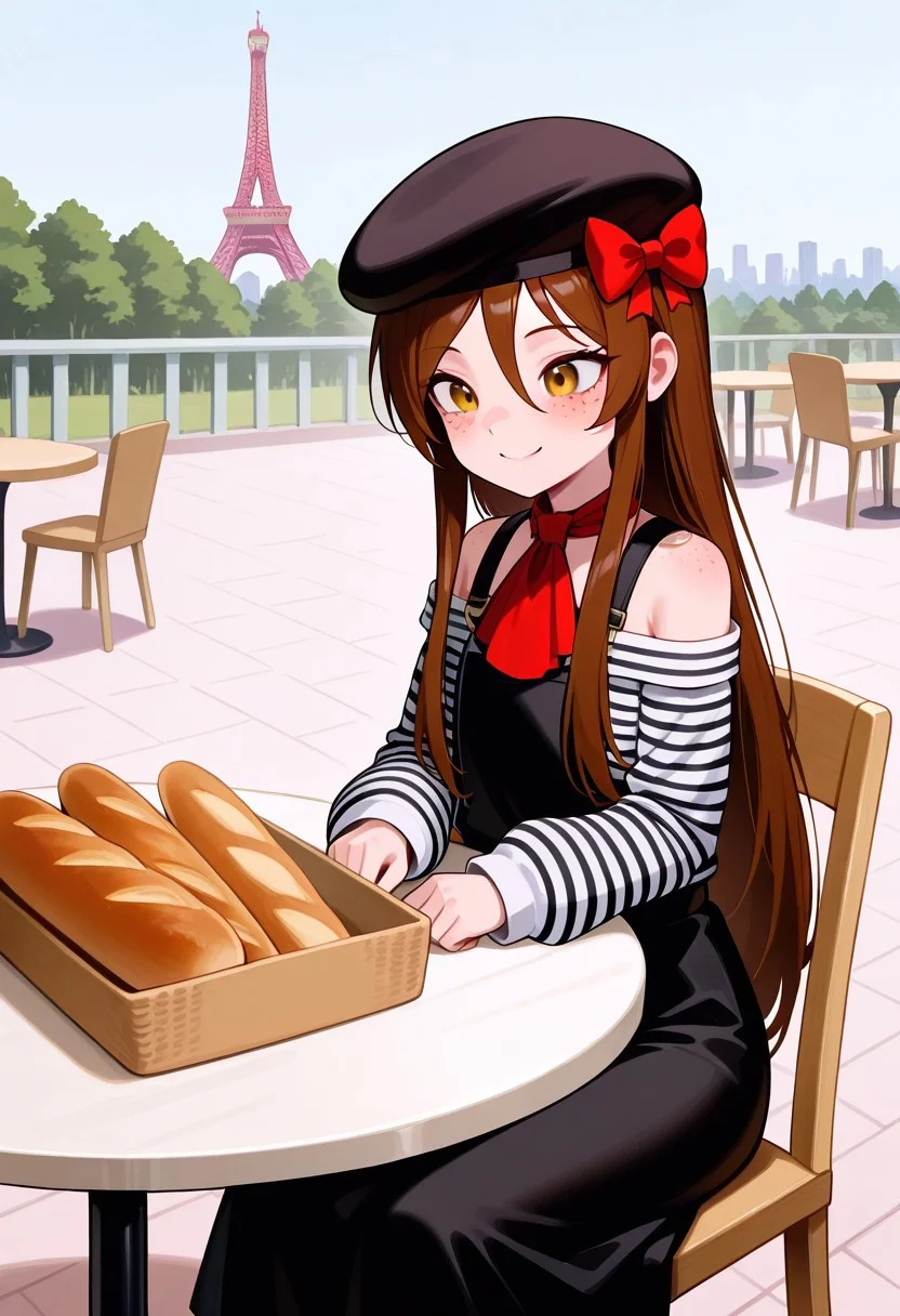 masterpiece, best quality, absurdres, anime screenshot, 1girl, solo, female focus, Carol_CTO, freckles, brown hair, asymmetrical bangs, long bangs, bangs between eyes, sidelocks, very long hair, hair down, CTO_Fr, beret, black headwear, hat bow, red hat bow, ascot, red ascot, striped shirt, long sleeves, off-shoulder shirt, overall skirt, black skirt, sitting, outdoors, cafe, baguette, chair, table, eiffel tower, happy, smile, (from above:0.25)