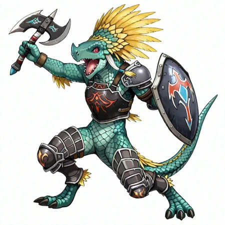 lizardman sc3, lizardman, reptile, scalie, anthro, furry, greenish teal scales, greenish cyan scales, yellow feathers, red eyes, black claws, 5 fingers, 3 toes, axe, weapon, armor, solo, open mouth, white background, shield, simple background, scales, tail, sharp teeth, holding, teeth, breastplate, shoulder armor, knee armor, black armor, grey armor, charging, action pose, warrior, male, featureless crotch, masterpiece, ultra detailed, high quality, very aesthetic