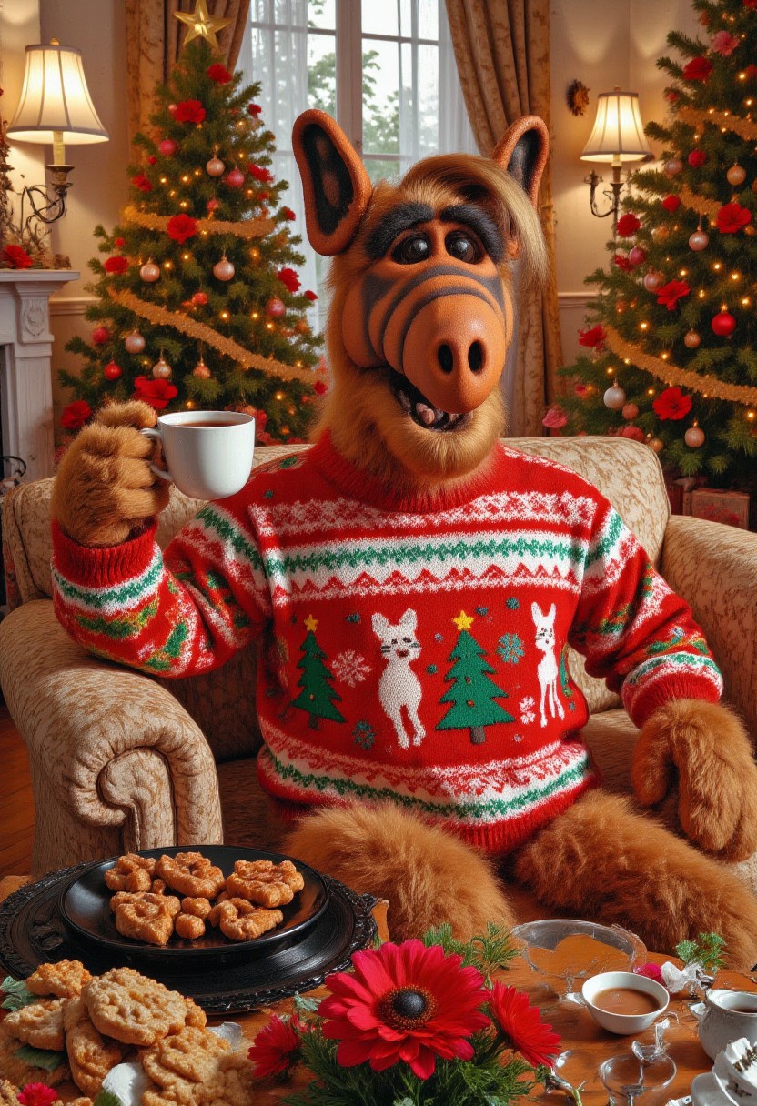 Alflux, A newly discovered animal, christmas living room, a beautiful holiday living room setting, photograph featuring ALF wearing a festive, detailed knit sweater featuring cats, ALF is sitting on the couch by the fireplace drinking a cup of warm cocoa