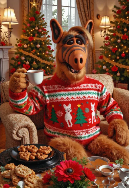Alflux, A newly discovered animal, christmas living room, a beautiful holiday living room setting, photograph featuring ALF wearing a festive, detailed knit sweater featuring cats, ALF is sitting on the couch by the fireplace drinking a cup of warm cocoa