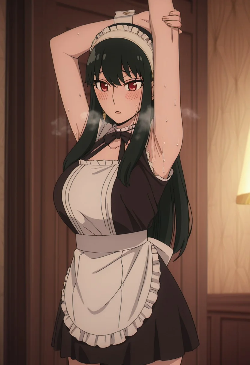 standing, sweat, heavy breathing, steamy breath, steaming body, vapour visible, large breasts, anime screencap, anime coloring, detailed face, masterpiece, best quality, very aesthetic, absurdres, volumetric lighting, official style, amazing quality, ultra detailed, highres, amazing quality, scenery, beautiful detailed hair, beautiful detailed eyes, detailed fingers, <lora:All_of_Yor_ForgerBriars_outfits_Spy_x_Family:1>, Yor Forger (character), yor briar, 1girl, black hair, long hair, red eyes, arms raised, armpits, sweaty armpits, sleeveless, miniskirt, maid outfit, maid headband