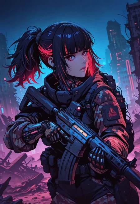 <lora:ck-nc-cyberpunk-IL-000011:0.4>, masterpiece, best quality, good quality, very aesthetic, absurdres, newest, 8K, depth of field, focused subject,
dynamic angle, side view, action shot, 1girl, cyberpunk cyborg, looking at viewer, fierce look, (camouflage glowing hair:1.2), black hair, red highlights in hair, ponytail hair, bangs, the cyborg is very sinister and dangerous, cross_draw, AR15 rifle, assault rifle, rifle_draw, one_hand_on_trigger, trigger discipline, black desert, arid environment, city, ruins, nightvision, at night,