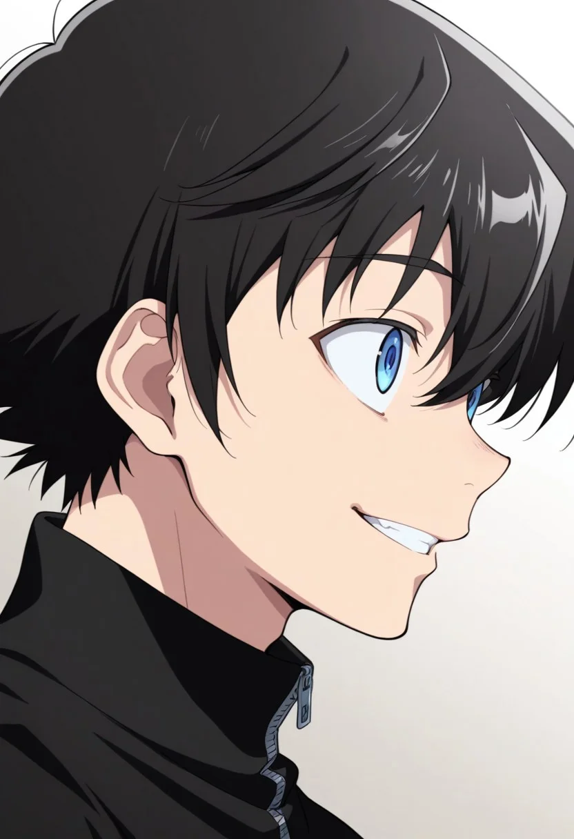 masterpiece,best quality,amazing quality, source_anime,
YukiteruAmano, 1boy, male focus, solo, blue eyes, black hair, black shirt, turtleneck, zipper, smile, grin, portrait,