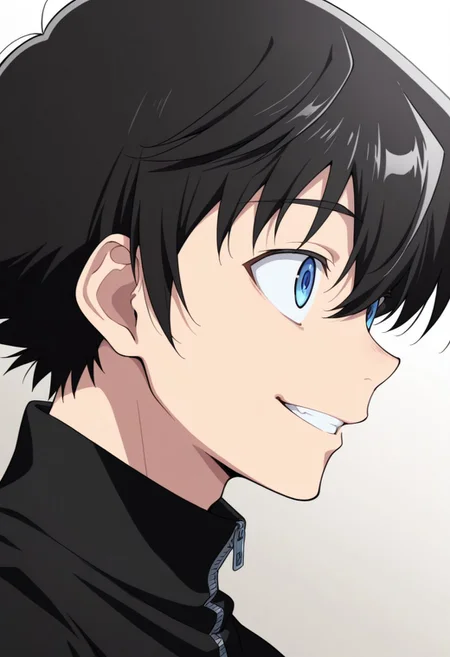 masterpiece,best quality,amazing quality, source_anime,
YukiteruAmano, 1boy, male focus, solo, blue eyes, black hair, black shirt, turtleneck, zipper, smile, grin, portrait,