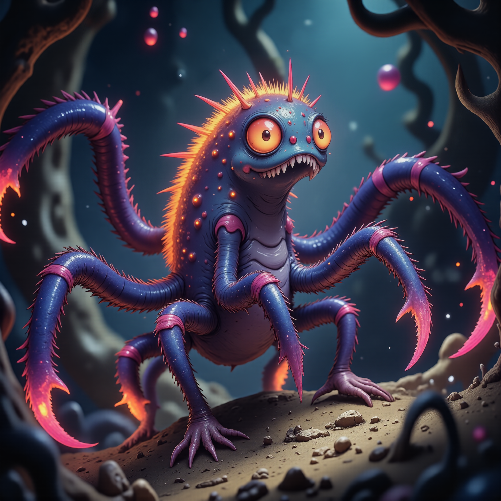 highly detailed, intricate, detailed background, award-winning macro photo, (short depth of field:1.2), the (diminutive:1.4) "clawed snarglestalker" is a (bioluminescent glowing:1.2) strange and captivating abomination roaming the lurbled canopies and perlyfumed curbletwist of the exotic alien world "grumflom ii", where they harvest climfrypowered skrunkleboop and (floating particles:1.2) for sustenance, (dappled sunlight:1.2), front lighting, rim lighting, burgundy and sunset orange and ruby red, golden ratio, in the style of ck-ovf, amanoer, seusiancartoon, aidmamj6.1, 
<lora:style-oneviolentfantasy-ep21-flux-by_chronoknight:0.36> 
<lora:style-seussian_cartoon-flux-by_daalis:0.88> 
<lora:midjourney_61-v0.4-flux-by_aidma:0.64> 
<lora:faetastic_details-flux-by_faeia:0.48>