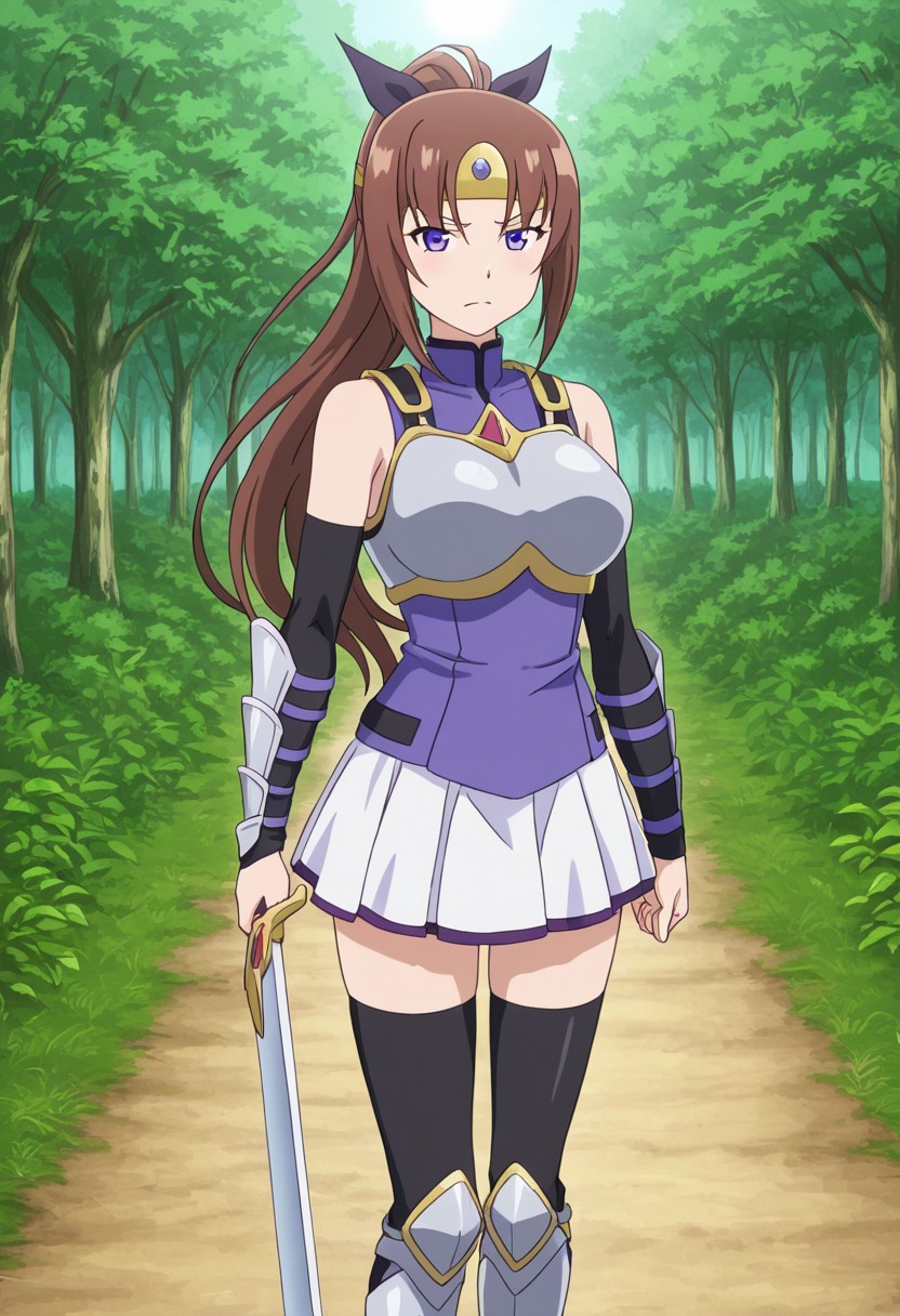<lora:anime_screencap-Illustrious:1>, anime screencap, anime coloring, amazing quality, very aesthetic, absurd resolution, masterpiece, 4k resolution, (hand with four fingers and one thumb), BREAK 1girl, full body, <lora:Princess_Dianne_DKD-09:1>, Princess Dianne, brown hair, long hair, purple eyes, tiara, ponytail, hair bow, hourglass figure, standing, proud, looking at viewer, annoyed, (black choker, (purple top, turtleneck, sleeveless, gold trim), (white skirt, pleated skirt,), (black thighhighs, purple trim), (black arm warmers, purple trim), (chest armor, breastplate, silver,) gem, (arm armor, silver), holding sword, (armored boots, silver), ), cowboy shot, BREAK day, sun, sunlight, (forest, forest path, trees, no men, 1girl, solo,),