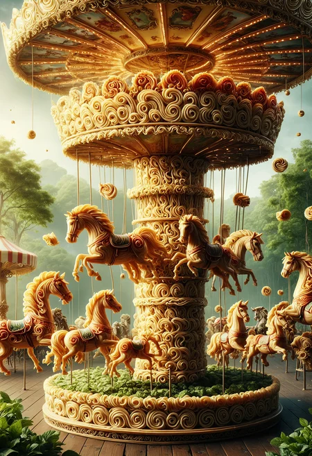 masterpiece, highest quality, vibrant carousel in a bustling amusement park, sunny day, joyful, colorful, ornate horses, intricate details, spinning motion, children laughing, by Annie Leibovitz, Nikon Z9 camera, f/1.4 lens, vivid hues, soft lighting, nostalgic atmosphere, surrounded by happy families, lush greenery, clear skies, carousel music, whimsical charm, made out of noodles, <lora:PinkieNdlsSDXL:1>, p1nkn00dles,
