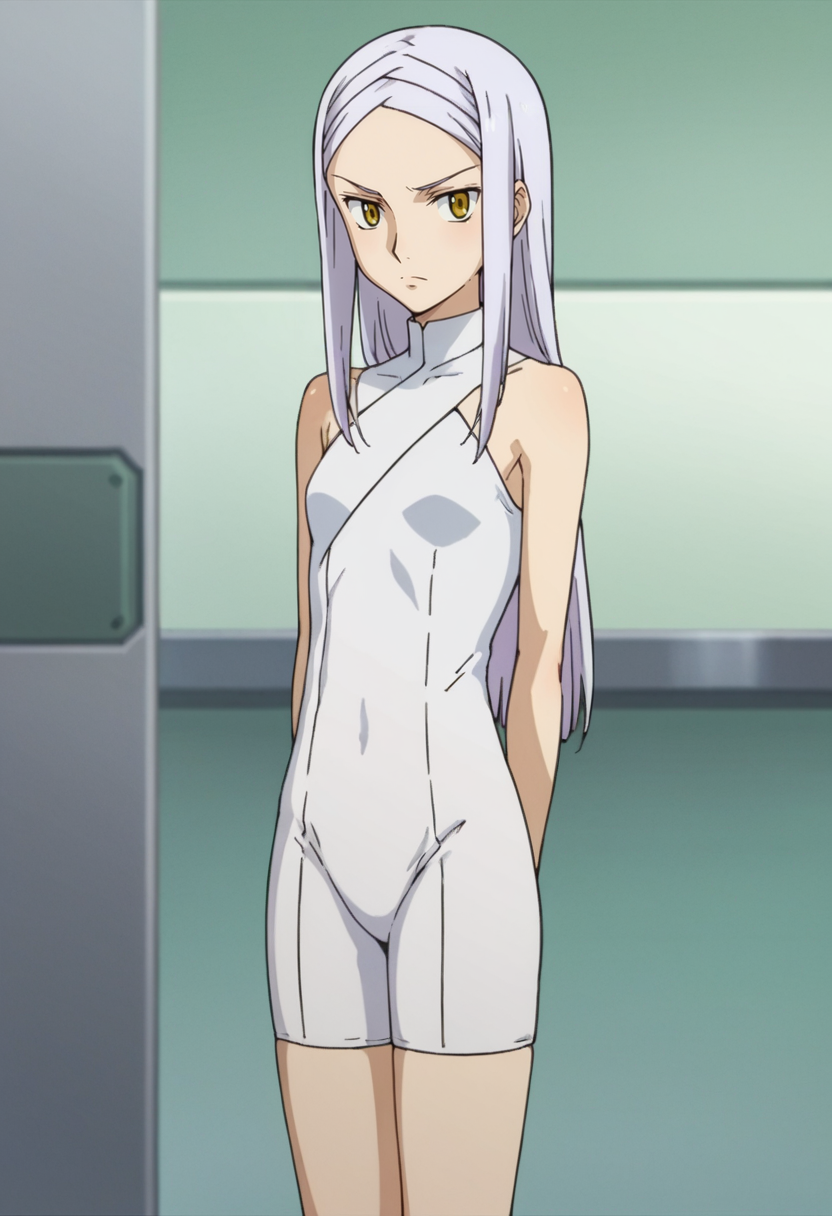 score_9,score_8_up,score_7_up,score_6_up,score_5_up,score_4_up,anime coloring BREAK source_anime,anime,<lora:Soma_Peries_Gundam_00_Pony:0.8>,somas1,1girl,solo,yellow eyes,white hair,long hair,braided bangs,young,white unitard,serious,arms_behind_back,standing,laboratory,