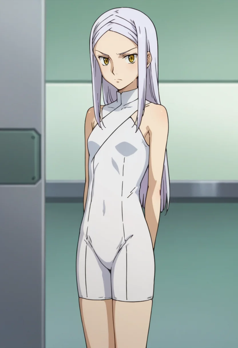 score_9,score_8_up,score_7_up,score_6_up,score_5_up,score_4_up,anime coloring BREAK source_anime,anime,<lora:Soma_Peries_Gundam_00_Pony:0.8>,somas1,1girl,solo,yellow eyes,white hair,long hair,braided bangs,young,white unitard,serious,arms_behind_back,standing,laboratory,
