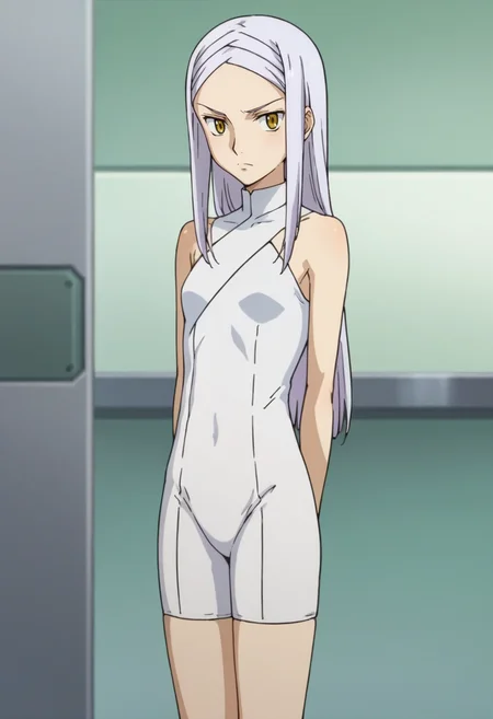 score_9,score_8_up,score_7_up,score_6_up,score_5_up,score_4_up,anime coloring BREAK source_anime,anime,<lora:Soma_Peries_Gundam_00_Pony:0.8>,somas1,1girl,solo,yellow eyes,white hair,long hair,braided bangs,young,white unitard,serious,arms_behind_back,standing,laboratory,