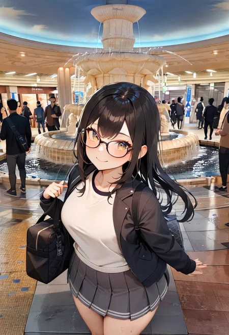 masterpiece, best quality, very aesthetic, absurdres,
1girl, solo, glasses, black hair, long hair, jacket, skirt, black bag, smile, looking at viewer, solo focus,
izuminohiroba, scenery, water, sky, multiple boys, fountain, real world location, ceiling, tile floor
<lora:izuminohiroba_SDXL_V1:1>