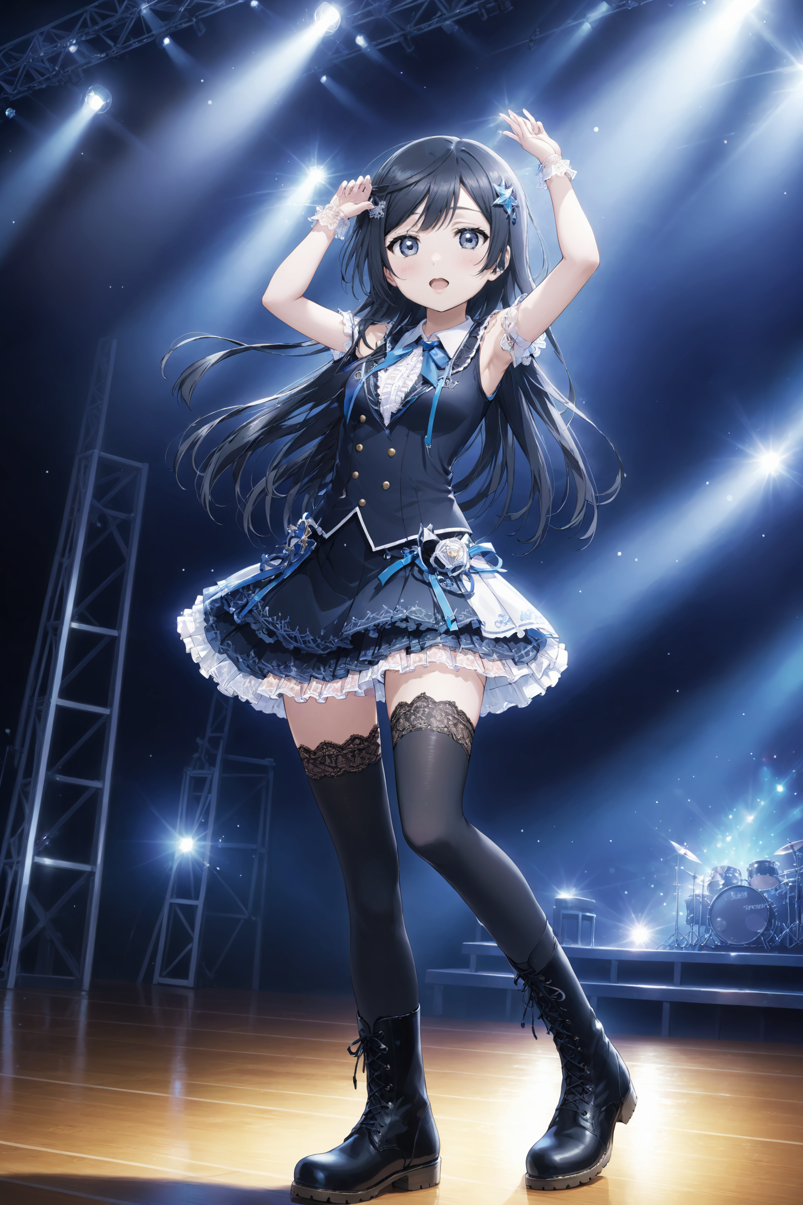 masterpiece, highly detailed background, 1girl, solo, on the stage, spotlight, idol concert, <lora:Yuki Setsuna XL V1-000009:0.6> Yuki Setsuna,one side up, sidelocks, (full body:1.2), (standing:1.2), miniskirt, (lace-trimed thighhighs:1.2), hair ornament, boots,  <lora:SimplePositive_XL_v1_AutoRunMech:1> <lora:AnimeStyleXL_v1.1_AutoRunMech:1>