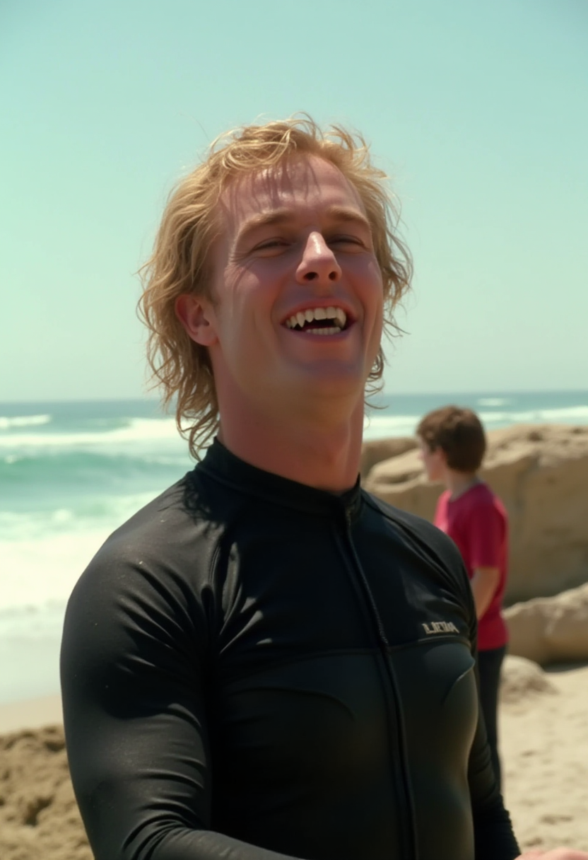 cinematic portrait shot of a vampire surfer on a beach, laughing showing fangs, wearing a wetsuit, shaggy blonde wet hair, bright sunny day, photorealistic <lora:iwtv_flux_1_0:1>
