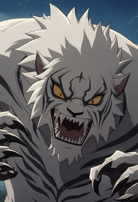 score 9, score 8, score 7, score 6, 1boy, Kraven, weretiger, sharp teeth, claws, white fur, dynamic pose,