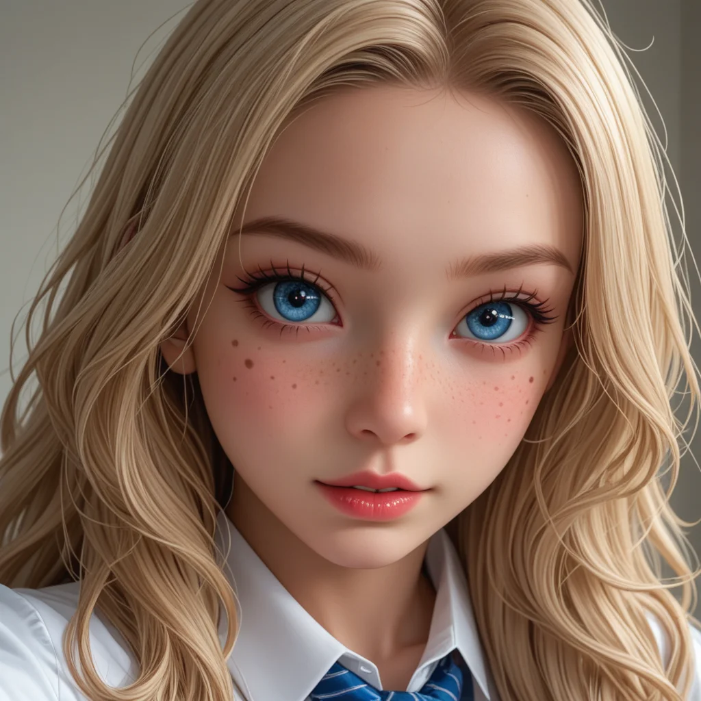 best, masterpiece, Domi with wavy blonde hair and blue eyes, extreme closeup, exotic colorful makeup, model face, model pose, selfie, highly detailed skin texture, freckles, highly detailed photo, professional photograph, dynamic lighting