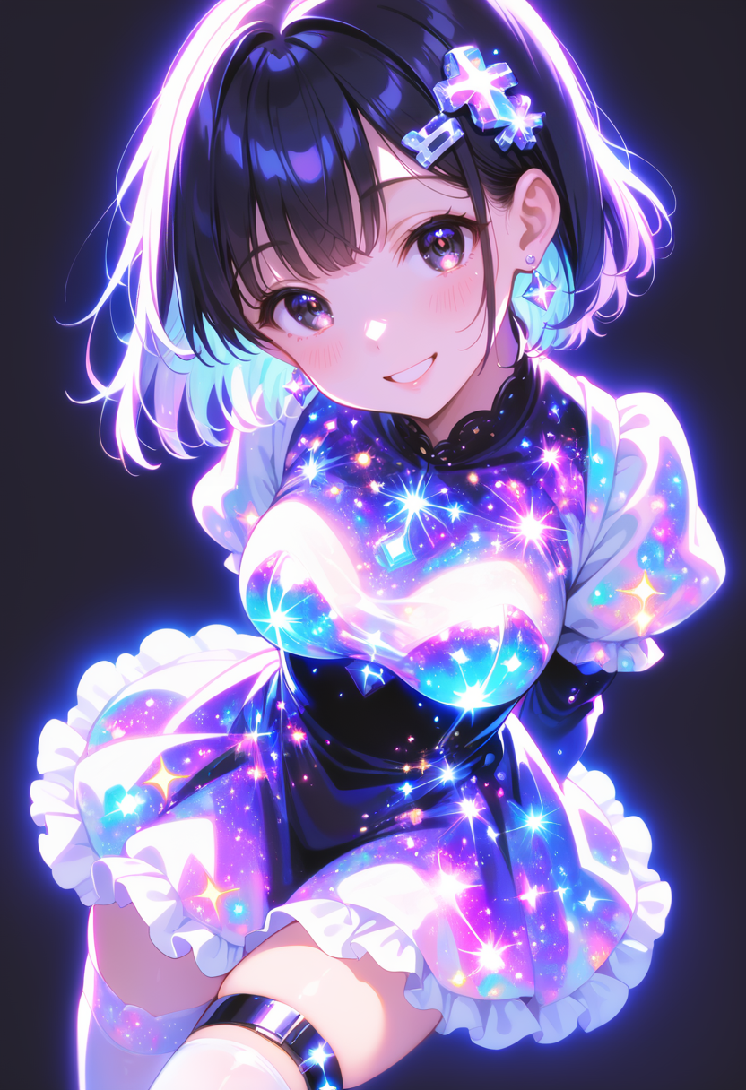 score_9, score_8_up, score_7_up, source_anime, masterpiece, best quality, perfect anatomy, very aesthetic, ((outlined outlined vector graphics)),no norm,
, cute face, (glow eyes:0.8), 1girl, 
20yo, black hair, black eyes, short bob hair, hair pin,mdeium  breast, slender,(white thigh strap:1.1), ,solo, glittering, glowing, black background , simple background,   from above ,  looking up , smile, __nomal_mouth__,
, looking at viewer, blush, short hair, bangs, thighhighs, long sleeves, dress, jewelry, medium breasts, cowboy shot, earrings, puffy sleeves, colorful, colorful milkyway outfit, happy, milkyway outfit, simple background, purple background, black background,milkyway hair, milkyway eyes , black dress,   jumping,  ,  arms behind back,  <lora:milkyway-outfit-01:0.8>