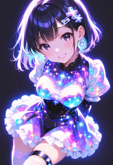 score_9, score_8_up, score_7_up, source_anime, masterpiece, best quality, perfect anatomy, very aesthetic, ((outlined outlined vector graphics)),no norm,
, cute face, (glow eyes:0.8), 1girl, 
20yo, black hair, black eyes, short bob hair, hair pin,mdeium  breast, slender,(white thigh strap:1.1), ,solo, glittering, glowing, black background , simple background,   from above ,  looking up , smile, __nomal_mouth__,
, looking at viewer, blush, short hair, bangs, thighhighs, long sleeves, dress, jewelry, medium breasts, cowboy shot, earrings, puffy sleeves, colorful, colorful milkyway outfit, happy, milkyway outfit, simple background, purple background, black background,milkyway hair, milkyway eyes , black dress,   jumping,  ,  arms behind back,  <lora:milkyway-outfit-01:0.8>