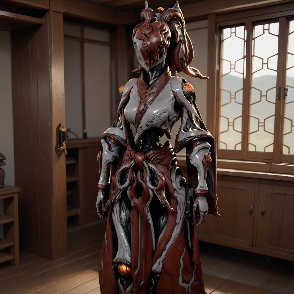 score_10, score_9_up, score_8_up, score_7_up, score_6_up, solo, female, in house, room, (Koumei: warframe, robot, faceless, kimono-dress, skinny, medium breast size)