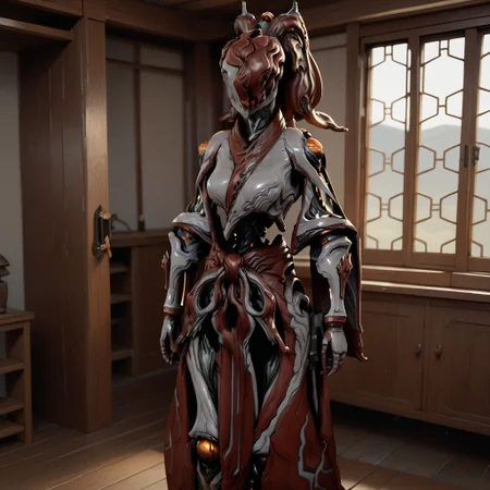 score_10, score_9_up, score_8_up, score_7_up, score_6_up, solo, female, in house, room, (Koumei: warframe, robot, faceless, kimono-dress, skinny, medium breast size)