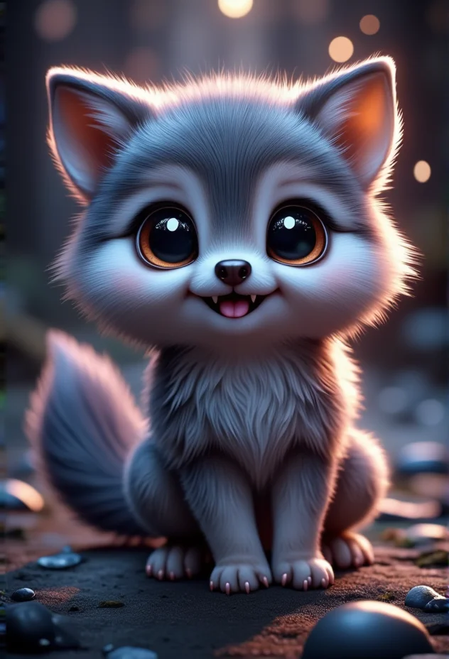 a gentle baby wolf with a wagging tail, bv-cutenh, smiling at the viewer, captured from a 3/4 view, in a fantastical style, ultra-detailed, with vibrant, radiant colors and dramatic lighting that creates a sense of wonder, emphasizing extreme cuteness and charm with soft, rounded features, oversized, expressive eyes, and an enchanting atmosphere.<lora:bv-cuteness-enhancer-v1.safetensors:1.0:1.0>