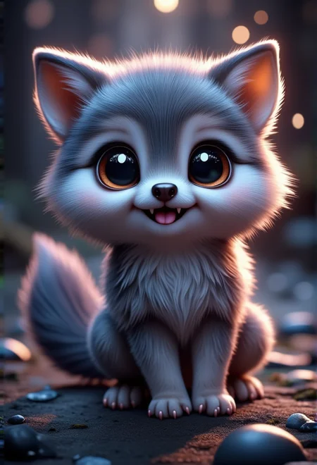 a gentle baby wolf with a wagging tail, bv-cutenh, smiling at the viewer, captured from a 3/4 view, in a fantastical style, ultra-detailed, with vibrant, radiant colors and dramatic lighting that creates a sense of wonder, emphasizing extreme cuteness and charm with soft, rounded features, oversized, expressive eyes, and an enchanting atmosphere.<lora:bv-cuteness-enhancer-v1.safetensors:1.0:1.0>