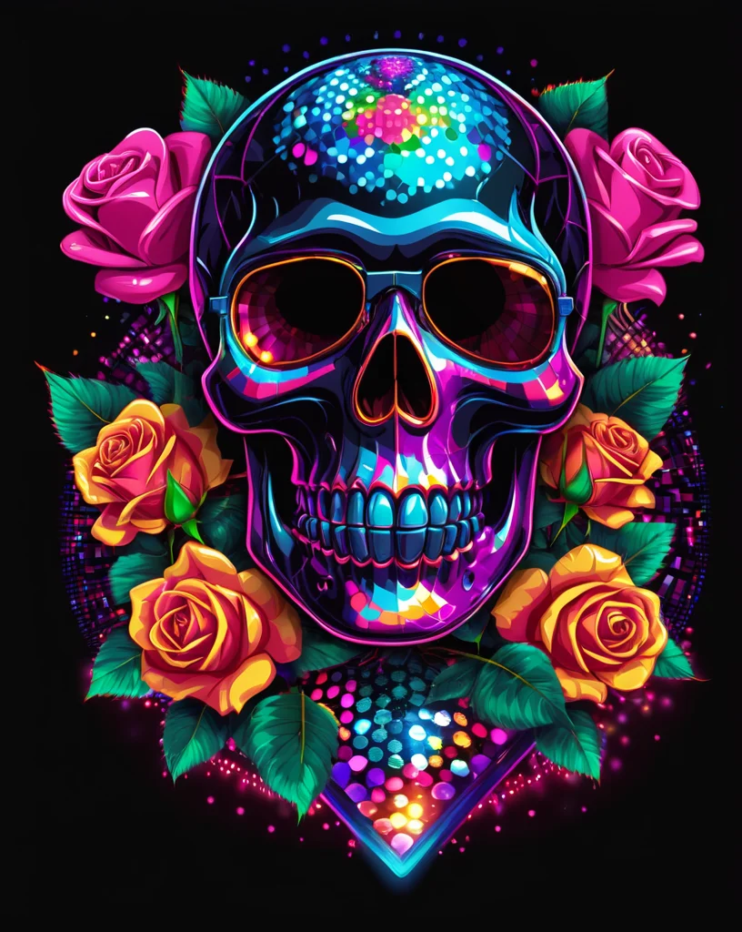 Disco-themed skull head, roses, t-shirt design, ((black background)) <lora:last:1>,  <lora:add_detail:1> . Vibrant, groovy, retro 70s style, shiny disco balls, neon lights, dance floor, highly detailed