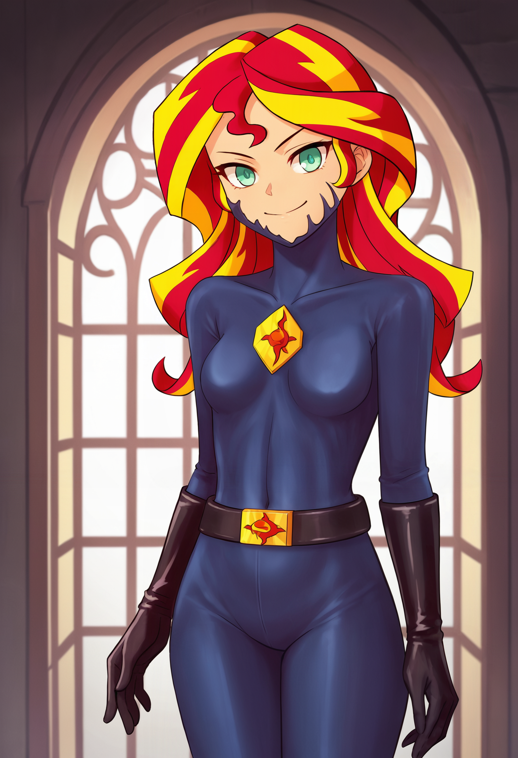 zPDXL, source_anime,
human sunset shimmer,
evil smile, closed mouth,
zofa bodysuit, zofa belt, black gloves, zofa on face, chest jewel, 
standing, cowboy shot,  solo,
indoors,
<lora:zofa-pdxl-006:0.8>