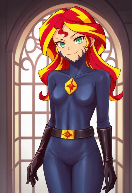 zPDXL, source_anime,
human sunset shimmer,
evil smile, closed mouth,
zofa bodysuit, zofa belt, black gloves, zofa on face, chest jewel,
standing, cowboy shot, solo,
indoors,
<lora:zofa-pdxl-006:0.8>