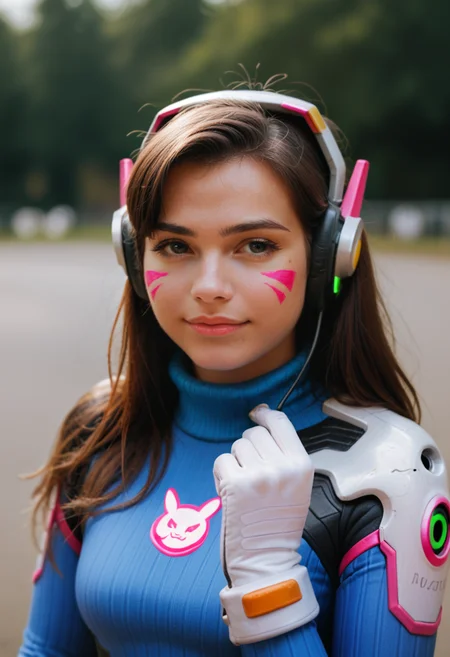 score_9, score_8_up, score_7_up, photo of a cute korean girl, portrait, realistic, 1girl, solo, d.va (overwatch), long hair, whisker markings, brown hair, ribbed bodysuit, facial mark, bodysuit, blue eyes, white gloves, gloves, headphones, facepaint, bangs, looking at viewer, pilot suit, shoulder pads, pink lips, eyelashes, breasts, upper body, high collar, nose, lips, hand up, medium breasts, closed mouth, swept bangs, skin tight, blue bodysuit, armor, smile, turtleneck, makeup, pauldrons, shoulder armor, black background, ((depth of field, sharp focus, shot on canon, shot on film)),