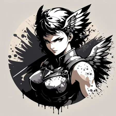 a winged Valkyrie wielding a weapon, splatter fashion, in the style of light and shadow, ink illustrations, by Yoji Shinkawa  <lora:shinkawa_youji_xl_v1f:1> <Lora:round_logo_icon_avatarv2:1>