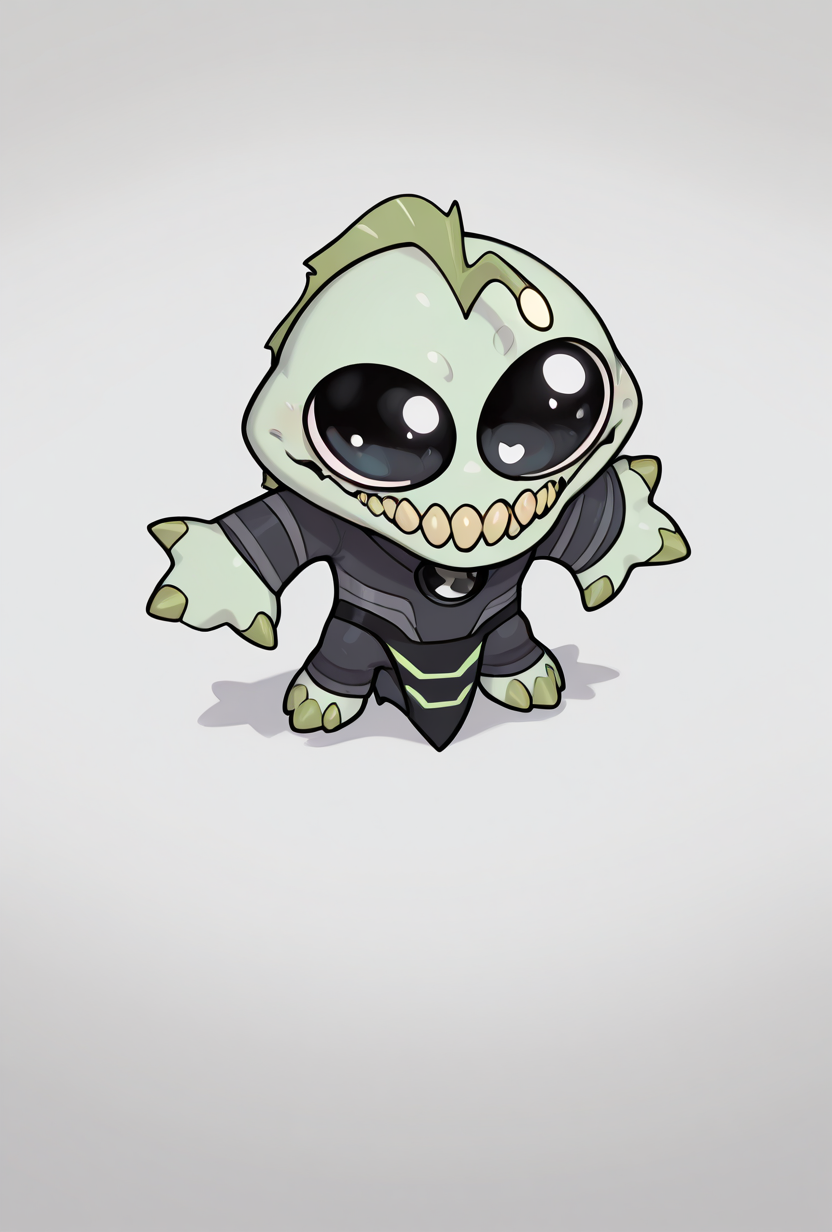 <lora:ripjaws-08:1> ripjaws, sharp teeth, solo, claws, 1boy, light green skin,   <lora:silly-guy-il:1> mikus-concept, full body, big eyes, chibi, masterpiece, best quality, amazing quality, very aesthetic, absurdres, newest,