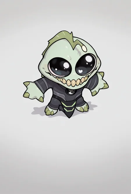 <lora:ripjaws-08:1> ripjaws, sharp teeth, solo, claws, 1boy, light green skin, <lora:silly-guy-il:1> mikus-concept, full body, big eyes, chibi, masterpiece, best quality, amazing quality, very aesthetic, absurdres, newest,