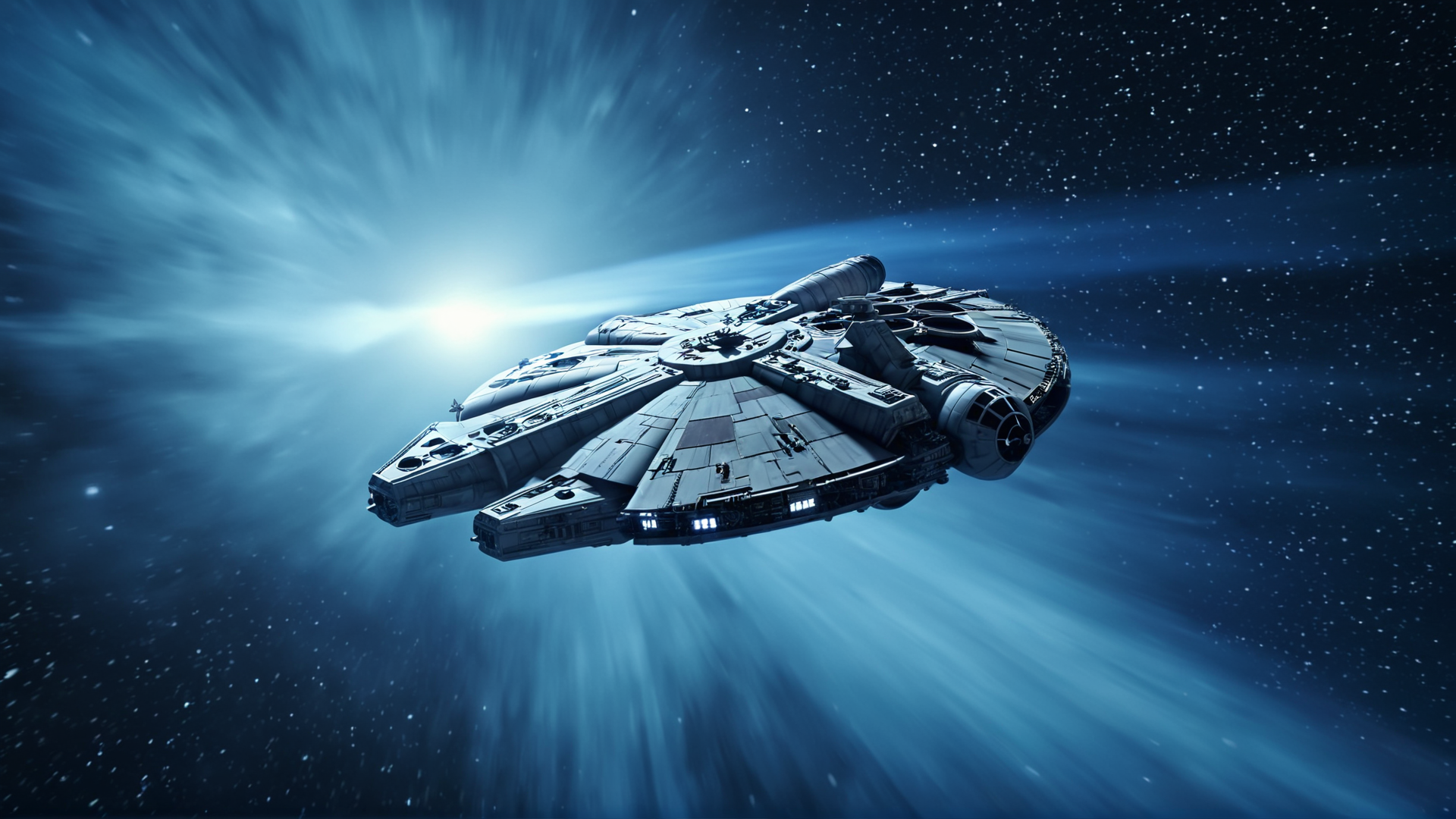 cinematic film still of  <lora:star wars style v2:0.2>
<lora:detailed:0.2> 
<lora:perfection style:0.2>
<lora:Ron Fricke style:0.1>
 <lora:Millennium Falcon:0.8>
Millennium Falcon (YT-1300 light freighter) a star wars millennium fighter flying through a blue galactic lightspeed sky,no humans,science fiction,blue theme,vehicle focus,spacecraft , star wars style, shallow depth of field, vignette, highly detailed, high budget, bokeh, cinemascope, moody, epic, gorgeous, film grain, grainy