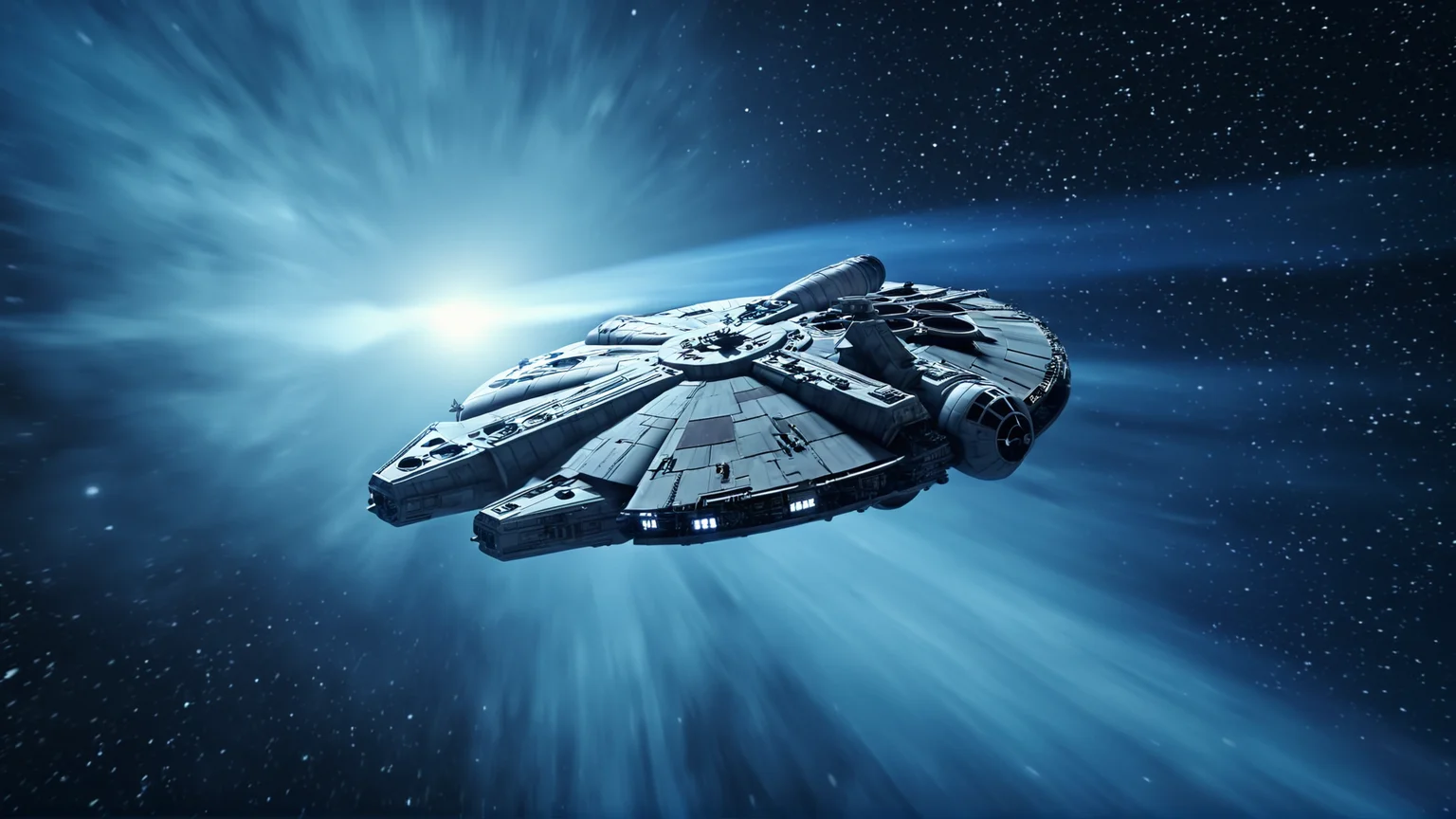 cinematic film still of <lora:star wars style v2:0.2>
<lora:detailed:0.2>
<lora:perfection style:0.2>
<lora:Ron Fricke style:0.1>
<lora:Millennium Falcon:0.8>
Millennium Falcon (YT-1300 light freighter) a star wars millennium fighter flying through a blue galactic lightspeed sky,no humans,science fiction,blue theme,vehicle focus,spacecraft , star wars style, shallow depth of field, vignette, highly detailed, high budget, bokeh, cinemascope, moody, epic, gorgeous, film grain, grainy