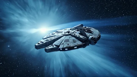 cinematic film still of <lora:star wars style v2:0.2>
<lora:detailed:0.2>
<lora:perfection style:0.2>
<lora:Ron Fricke style:0.1>
<lora:Millennium Falcon:0.8>
Millennium Falcon (YT-1300 light freighter) a star wars millennium fighter flying through a blue galactic lightspeed sky,no humans,science fiction,blue theme,vehicle focus,spacecraft , star wars style, shallow depth of field, vignette, highly detailed, high budget, bokeh, cinemascope, moody, epic, gorgeous, film grain, grainy
