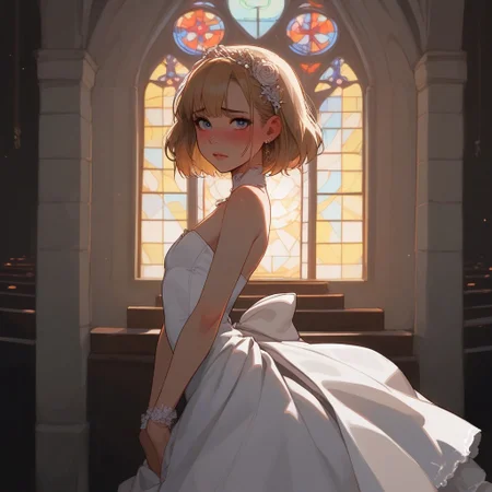 Expressiveh, score_9, score_8_up, score_7_up, score_6_up, score_5_up, score_4_up,
best quality, highly detailed, ultra high quality, masterpiece, high res, godrays,
Shy, blushing, aroused,
1femboy, (pretty face:1.1), (skinny:1.2), slim body, flat chest under clothing, open chest, cleavage, standing, at altar, white dress, wedding dress, tight dress, blonde hair, longe hair, beautiful stylish hair, shy look, embarrassed, looking at viewer, solo, in church, sun light, side view, view from side, waiting,