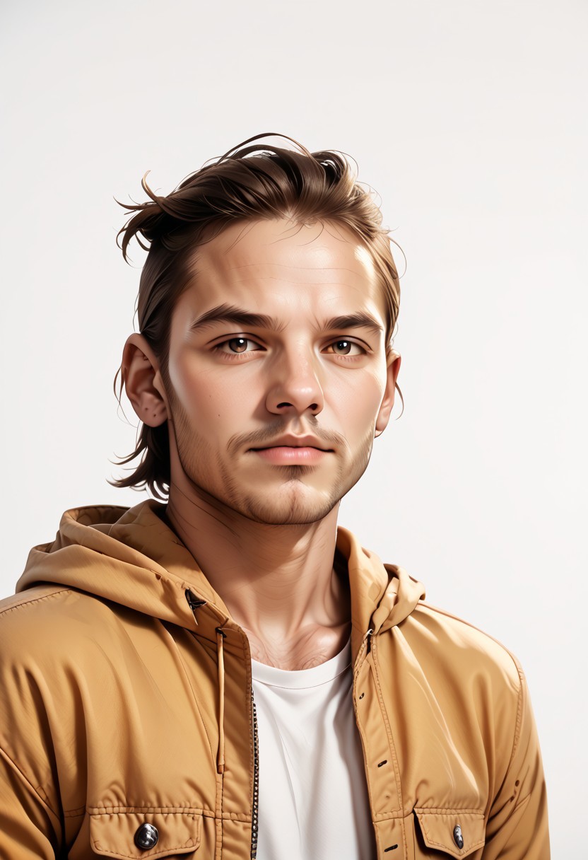 h0tp33p0, 1boy, male focus, facial hair, solo, realistic, brown hair, beard, white background, jacket, simple background, upper body, looking at viewer, hood,  cinematic lighting, cinematic angle, score_9, score_8_up, score_7_up, score_6_up, score_5_up, score_5_up, score_4_up