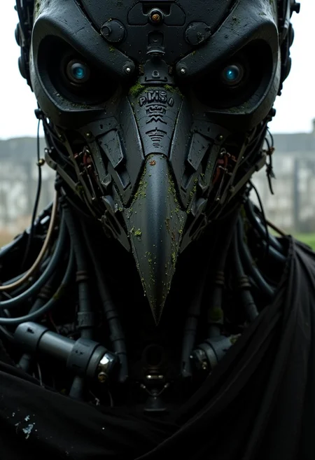 ajweathbo. The high-resolution CGI artwork depicts a weathered robot with the visage of a raven or crow. Its face is crafted from dark, corroded metal, worn down by time, with deep cracks and patches of rust. Overlapping mechanical plates mimic the layered feathers of a bird, some bent or broken, reinforcing its aged and battle-worn appearance.
Its eyes glow with a cold, ghostly white light, as if remnants of a long-lost soul still linger within. The metallic beak is long and slightly ajar, engraved with fine details and lined with tiny screws that hint at its intricate construction. Cables and wires stretch across its face like sinewy tendons, giving it an eerie semblance of life.
A tattered, dark cloak drapes over its shoulders, frayed and covered in patches of moss and lichen, as if nature is slowly reclaiming it. The background is a foggy, desolate ruin, shrouded in mist, enhancing the sense of decay and mystery surrounding this spectral machine.