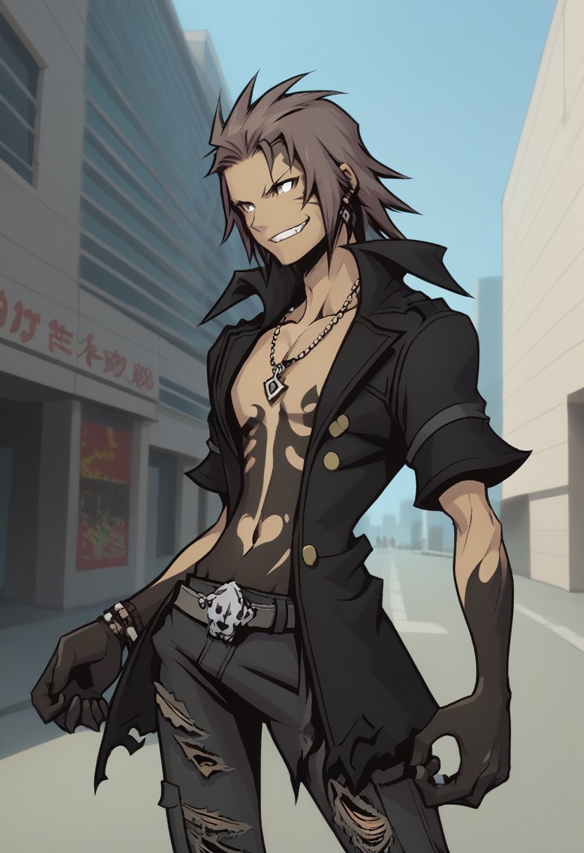 score_9, score_8_up, score_7_up, source_anime, highly detailed, 

minamoto, 1boy, male focus, solo, gloves, torn clothes, jewelry, tattoo, necklace, smile, grin, dark-skinned male,
pants, black gloves, black hands, belt, torn pants, brown hair, dark skin, open jacket, open clothes, tattoo, tatto on chest,

outdoor, street, building, sky