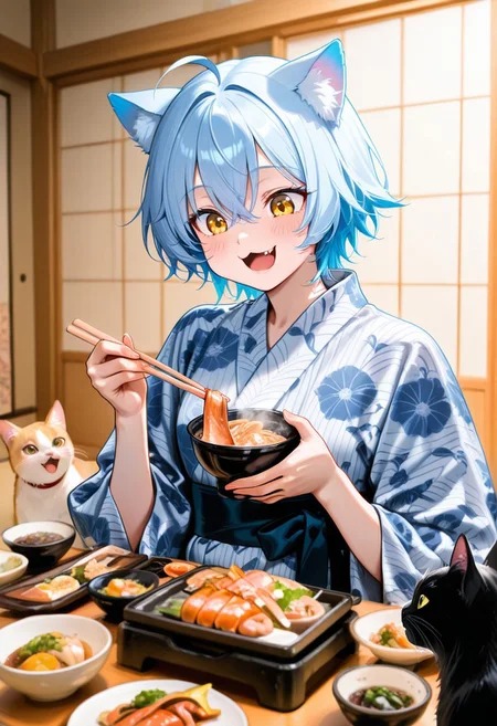 masterpiece, general, best quality, amazing quality, very aesthetic, ultra-detailed, absurdres, highres, newest, 1girl, short hair, royal blue hair, cat ears, ahoge, hair between eyes, yellow eyes, :3, fang, smile, open mouth, yukata, heyashoku, food, table, eating, holding chopsticks, happy, steam, cats,