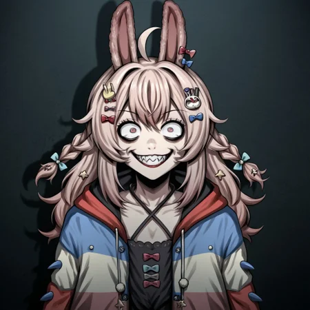masterpiece , best quality, 1girl, solo, PippaBase, long hair, braid, ahoge, hair ornament, hair bow, multicolored jacket, sleeves past wrists, criss-cross halter, (psychotic smile:1.1), (evil expression:1.1), bulging eyes, smiling at viewer, grin, female focus, evil smile, Sinister_Smile, shadow on the face, Macabre, Terror, Menacing_Smile, Disturbing_Expression, Grotesque_Style, Painting, Intense_Colors, Dark_Contrast